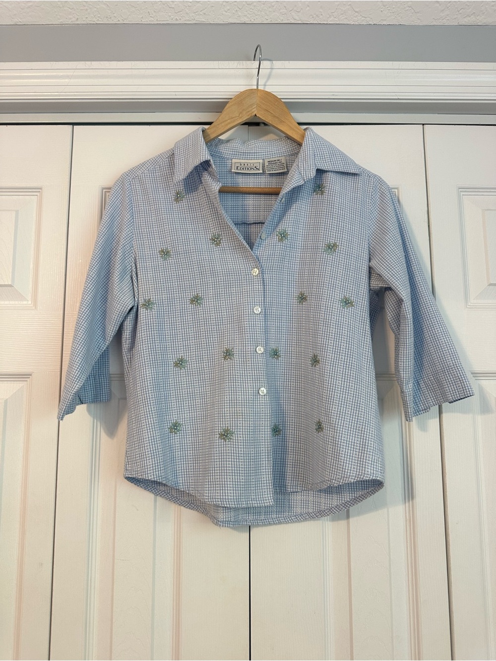 Basic Editions Light Blue Checked Button-Up Shirt with Green Embroidery, Medium